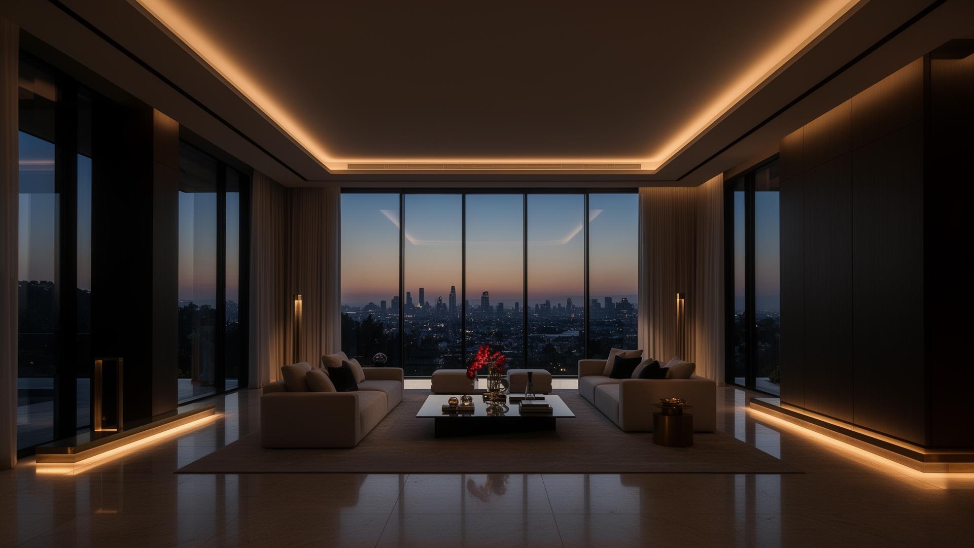 Luxury estate at dusk with architectural lighting